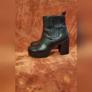 Women's Black Leather Platform Block Heel Ankle Boots